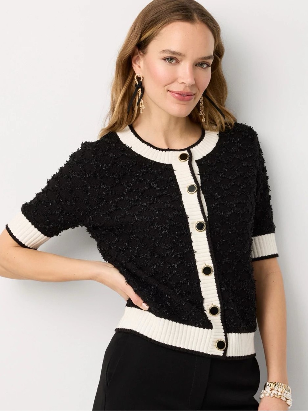 WHITE HOUSE BLACK MARKET | Boucle Elbow Sleeve Cardigan in Black | S